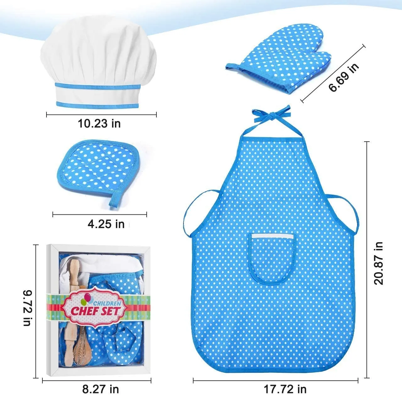 New in package! Complete Kids Cooking and Baking Set - 11 Pcs Includes Apron, Chef Hat, Mitt & Utensils Ages 3  (Blue)