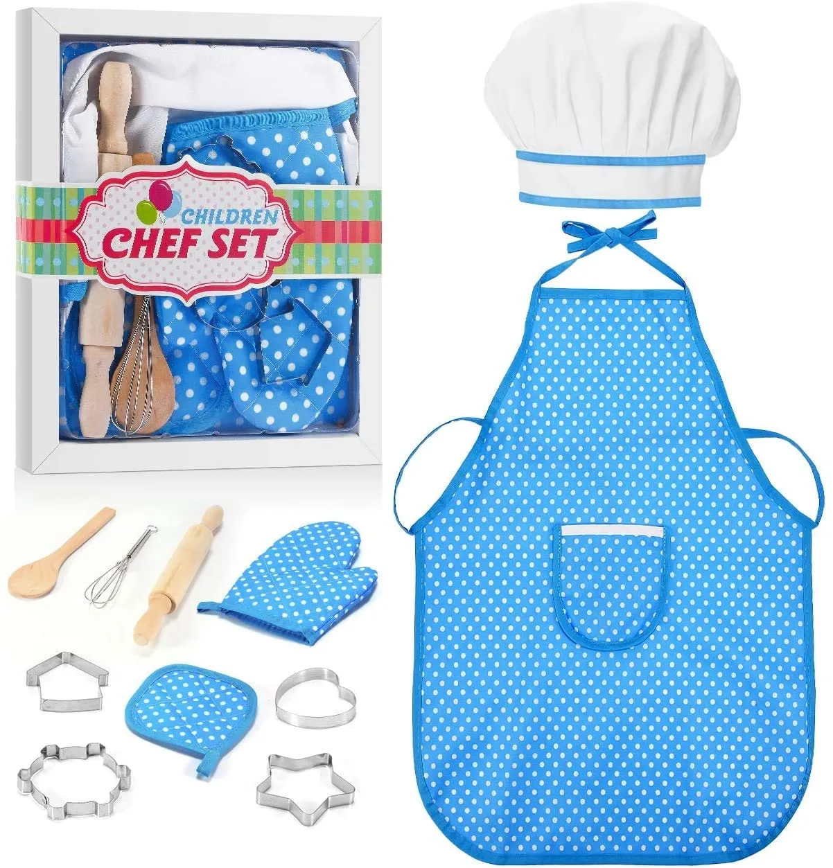 New in package! Complete Kids Cooking and Baking Set - 11 Pcs Includes Apron, Chef Hat, Mitt & Utensils Ages 3  (Blue)