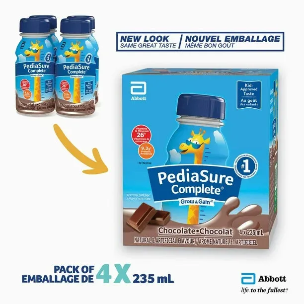 NEW PediaSure Complete, Nutritional Supplement, Kids Nutritional Shake That Can Be Used As Breakfast Drink With Meal, Chocolate, 4 x 235-mL Bottles (4-pack), BB: May 2025