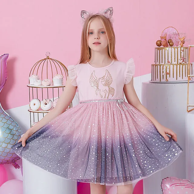 New Summer Princess Dresses Flying Sleeve Kids Dress Unicorn Party Girls Dresses