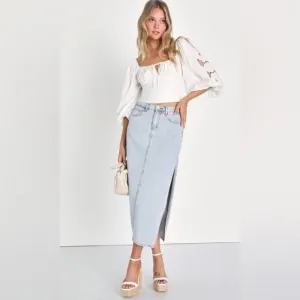 NEW w/Tag (NWT) Lulus Exceptionally Cool Light Wash High-Rise Denim Midi Skirt