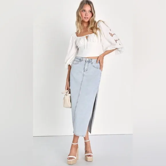 NEW w/Tag (NWT) Lulus Exceptionally Cool Light Wash High-Rise Denim Midi Skirt