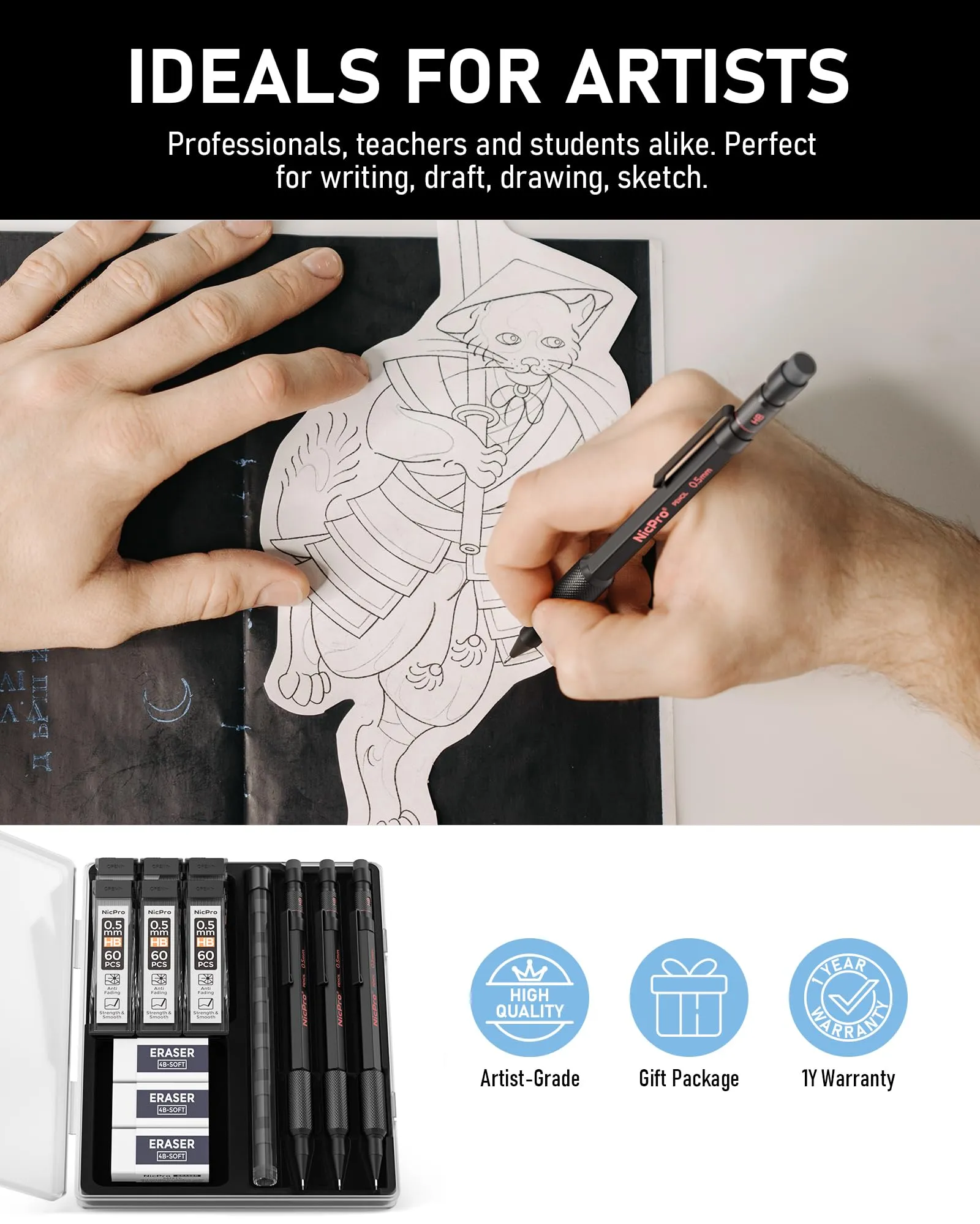 Nicpro 0.5 mm Mechanical Pencils Set with Case, 3PCS Professional Metal Artist Mechanical Pencil With 6 Tube HB Lead Refills, Eraser, Weatherproof Barrel for Outdoor Writing Drafting Drawing Sketching