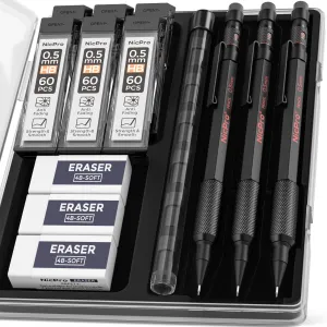 Nicpro 0.5 mm Mechanical Pencils Set with Case, 3PCS Professional Metal Artist Mechanical Pencil With 6 Tube HB Lead Refills, Eraser, Weatherproof Barrel for Outdoor Writing Drafting Drawing Sketching