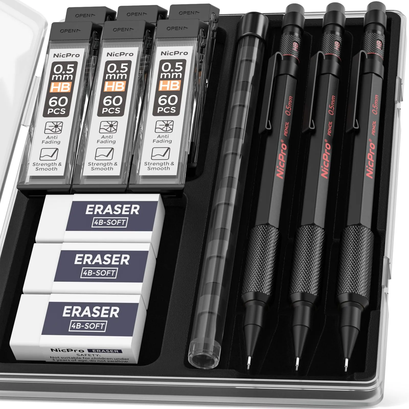 Nicpro 0.5 mm Mechanical Pencils Set with Case, 3PCS Professional Metal Artist Mechanical Pencil With 6 Tube HB Lead Refills, Eraser, Weatherproof Barrel for Outdoor Writing Drafting Drawing Sketching