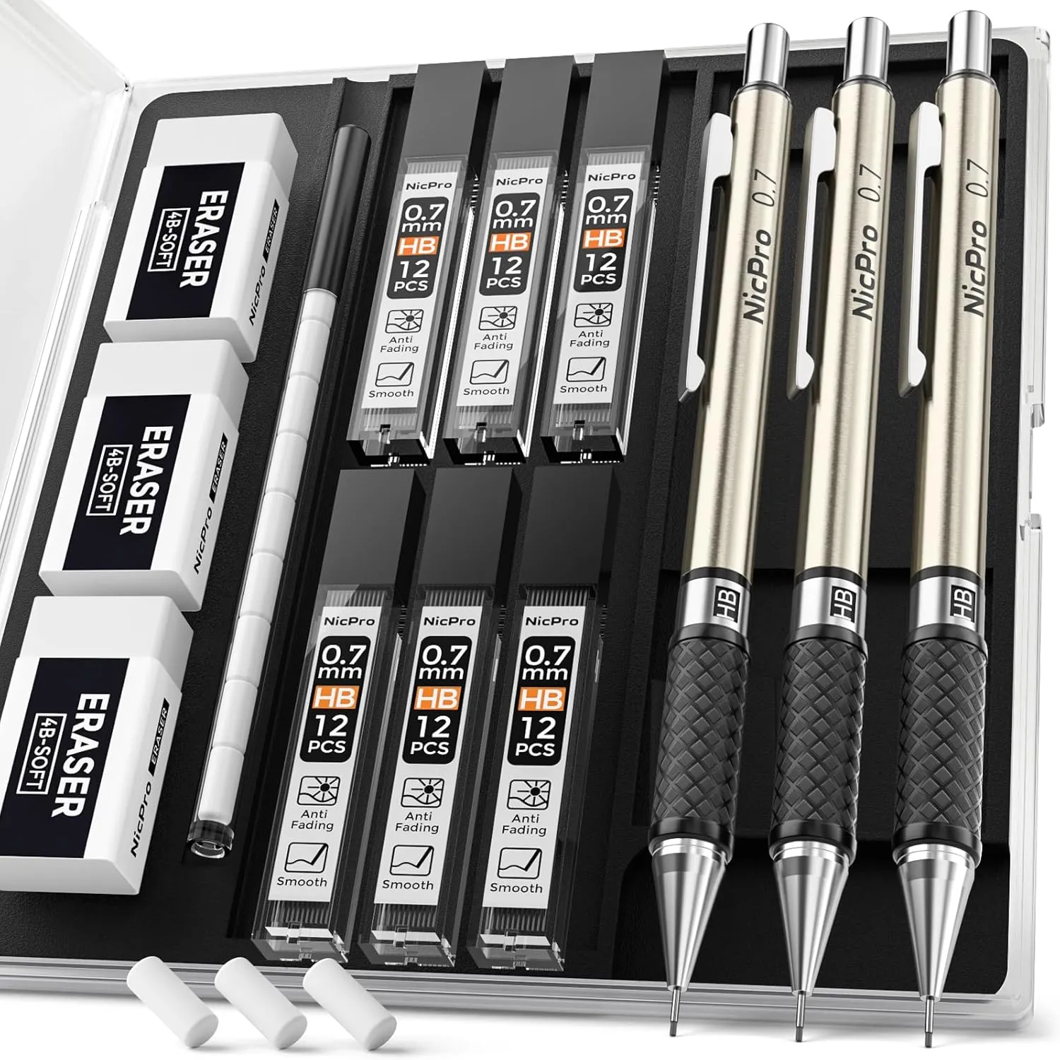 Nicpro 0.7 mm Art Mechanical Pencils Set in Storage Case, 3 PCS Metal Drafting Pencil Lead Pencil with 6 Tube HB Lead Refills, 3 Erasers, 9 PCS Eraser Refills for Artist Writing, Drawing, Sketching