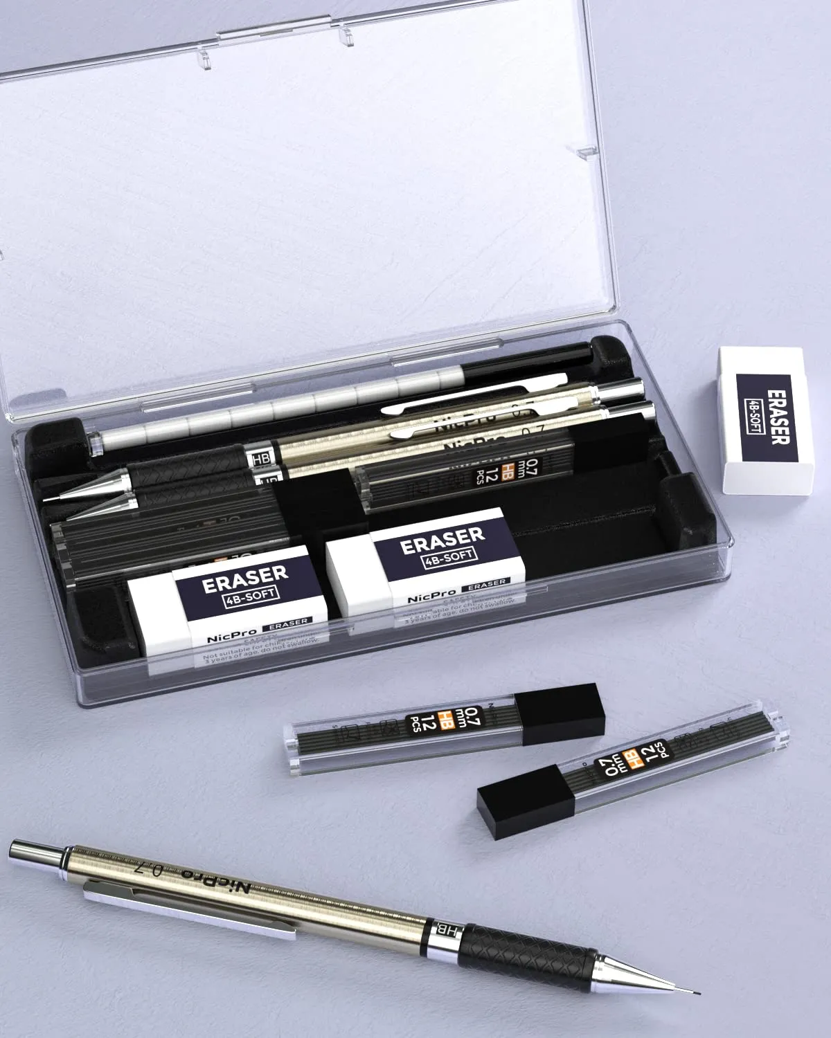 Nicpro 0.7 mm Art Mechanical Pencils Set in Storage Case, 3 PCS Metal Drafting Pencil Lead Pencil with 6 Tube HB Lead Refills, 3 Erasers, 9 PCS Eraser Refills for Artist Writing, Drawing, Sketching