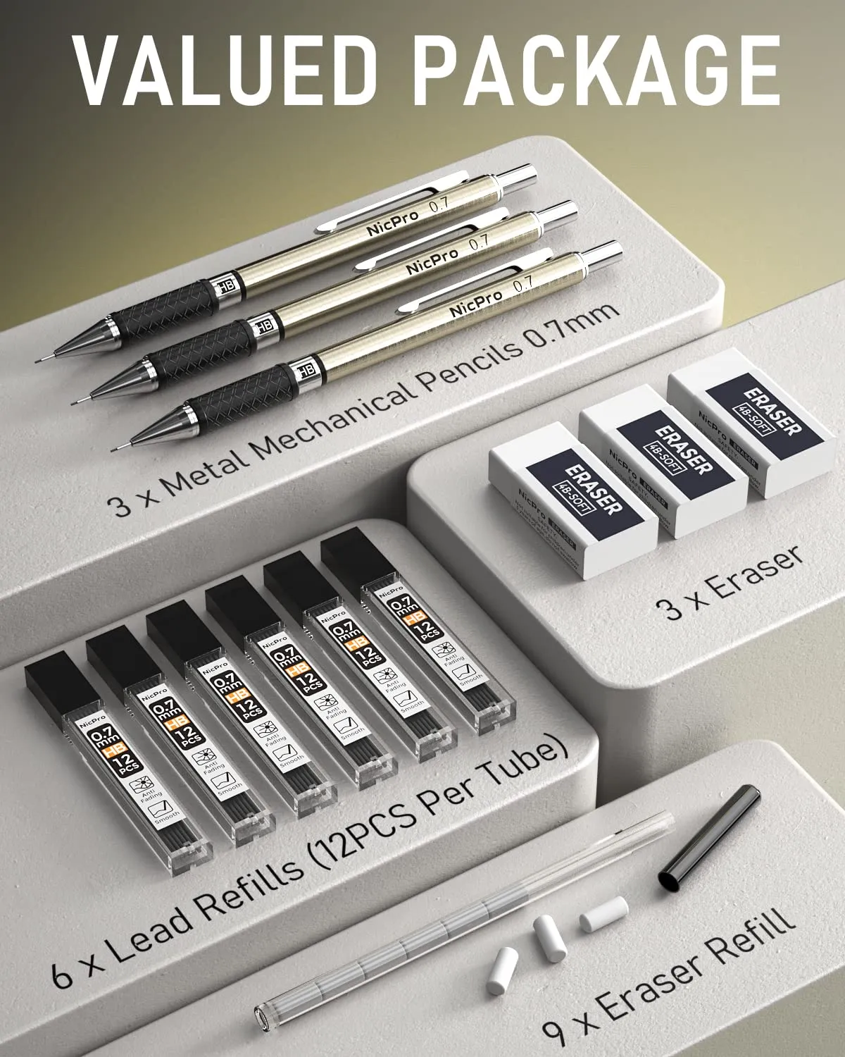 Nicpro 0.7 mm Art Mechanical Pencils Set in Storage Case, 3 PCS Metal Drafting Pencil Lead Pencil with 6 Tube HB Lead Refills, 3 Erasers, 9 PCS Eraser Refills for Artist Writing, Drawing, Sketching