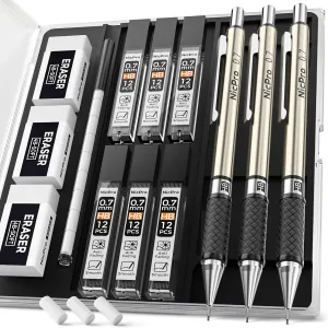 Nicpro 0.7 mm Art Mechanical Pencils Set in Storage Case, 3 PCS Metal Drafting Pencil Lead Pencil with 6 Tube HB Lead Refills, 3 Erasers, 9 PCS Eraser Refills for Artist Writing, Drawing, Sketching