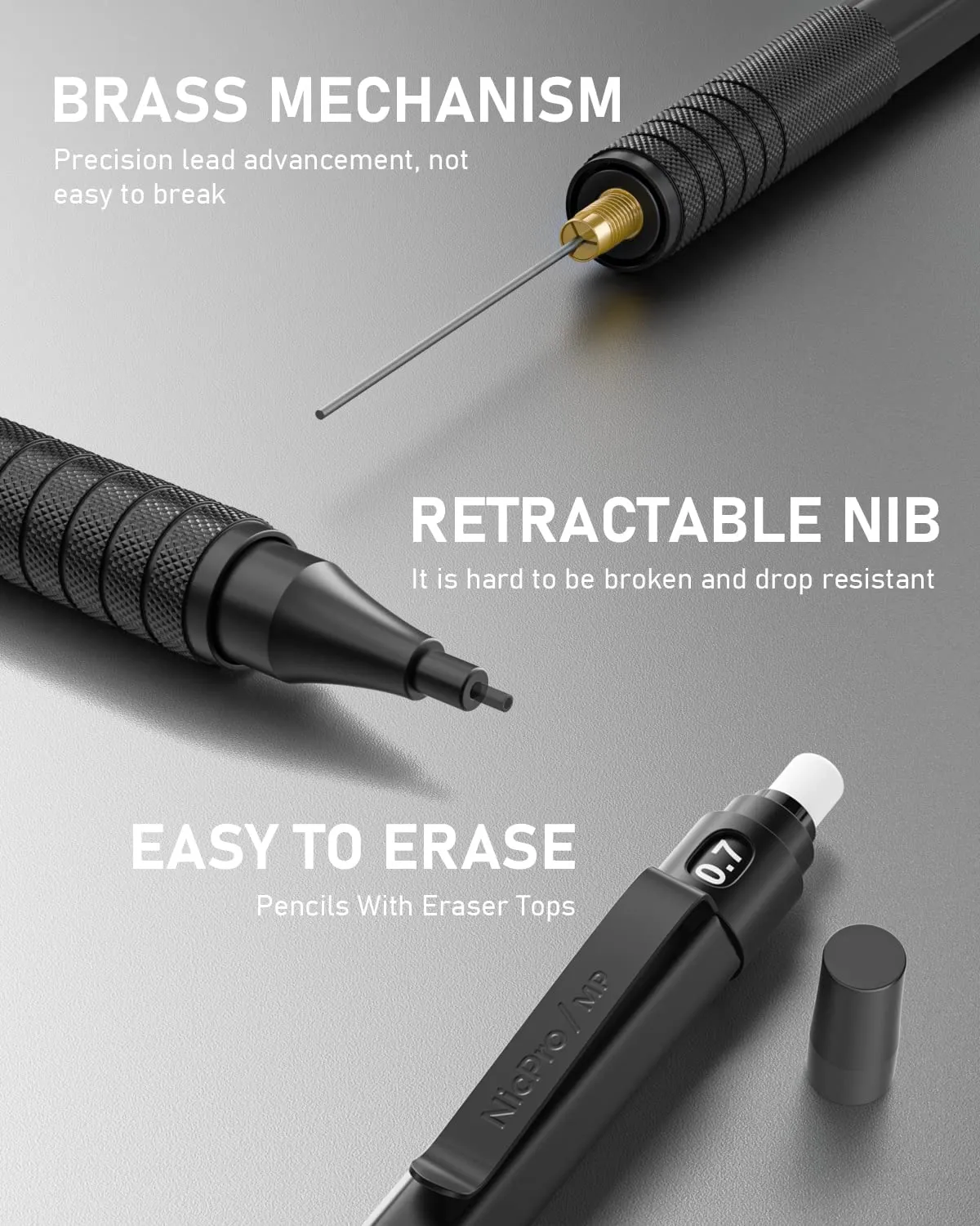 Nicpro 0.7 mm Mechanical Pencils Set with Case, 3 Metal Artist Pencil With 8 Tube HB Lead Refills, 3 Erasers, 9 Eraser Refills For Architect Art Writing Drafting Drawing, Engineering, Sketching, Black