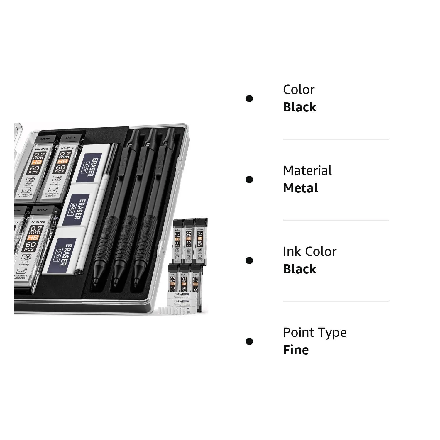 Nicpro 0.7 mm Mechanical Pencils Set with Case, 3 Metal Artist Pencil With 8 Tube HB Lead Refills, 3 Erasers, 9 Eraser Refills For Architect Art Writing Drafting Drawing, Engineering, Sketching, Black