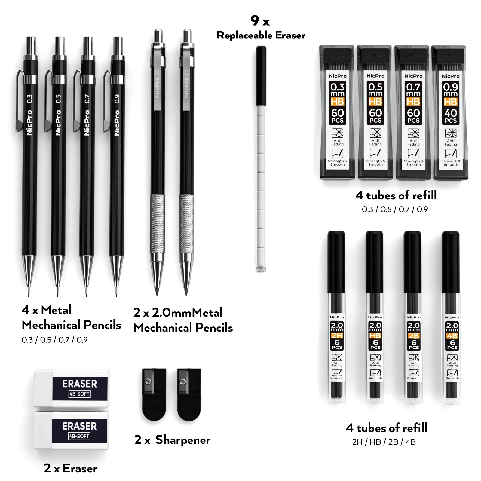 Nicpro 6 PCS Art Mechanical Pencils Set, Black Metal Drafting Pencil 0.3, 0.5, 0.7, 0.9 mm & 2PCS 2mm Graphite Lead Holder(4B 2B HB 2H) For Writing Sketching Drawing With 8 Lead Refills Eraser Case