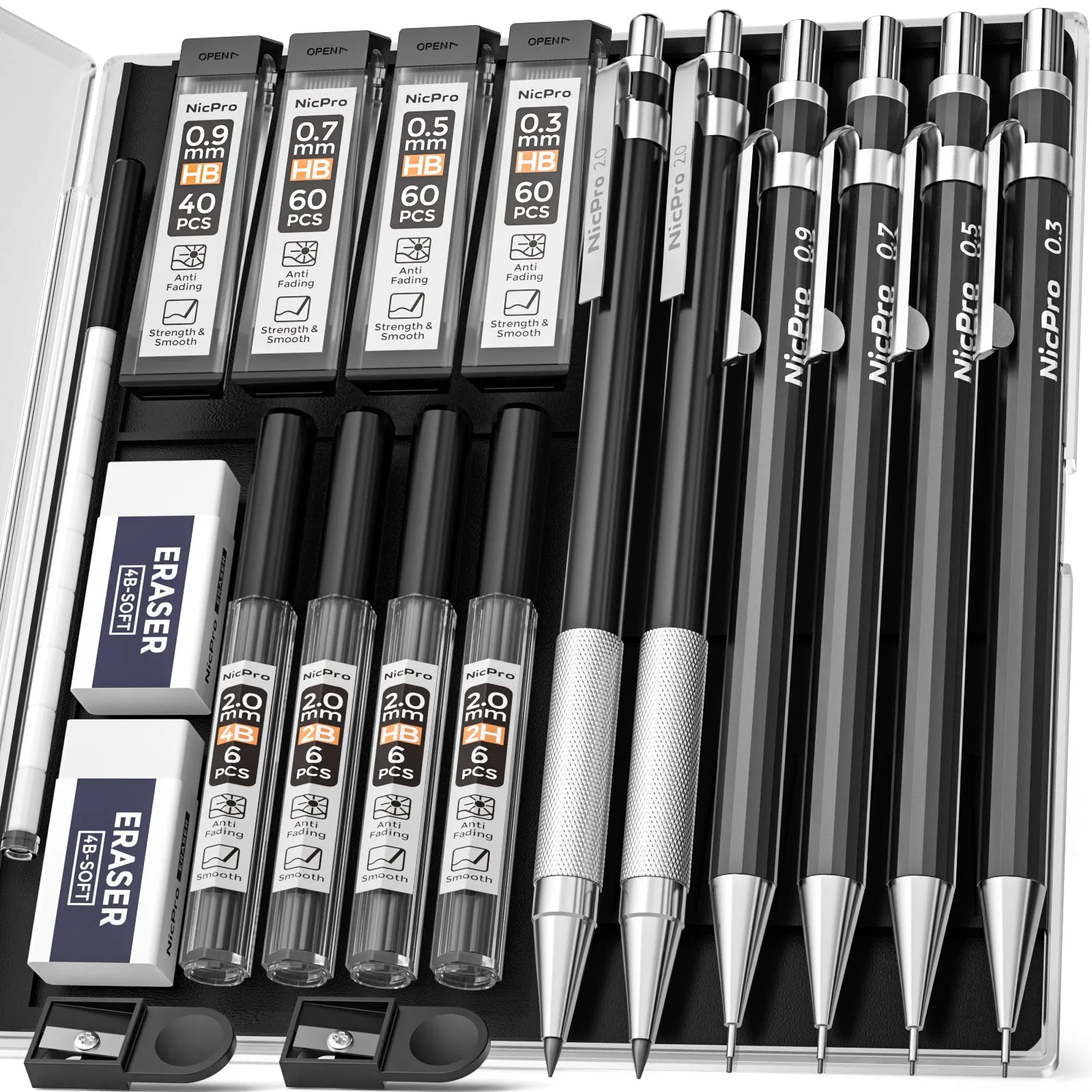 Nicpro 6 PCS Art Mechanical Pencils Set, Black Metal Drafting Pencil 0.3, 0.5, 0.7, 0.9 mm & 2PCS 2mm Graphite Lead Holder(4B 2B HB 2H) For Writing Sketching Drawing With 8 Lead Refills Eraser Case