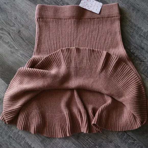 NWT Free People Solid Gold Ribbed Mini Skirt in Cocoa Heather Size Small