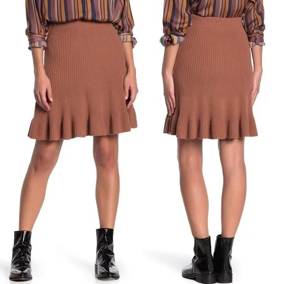 NWT Free People Solid Gold Ribbed Mini Skirt in Cocoa Heather Size Small