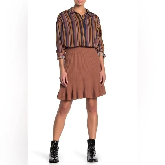 NWT Free People Solid Gold Ribbed Mini Skirt in Cocoa Heather Size Small