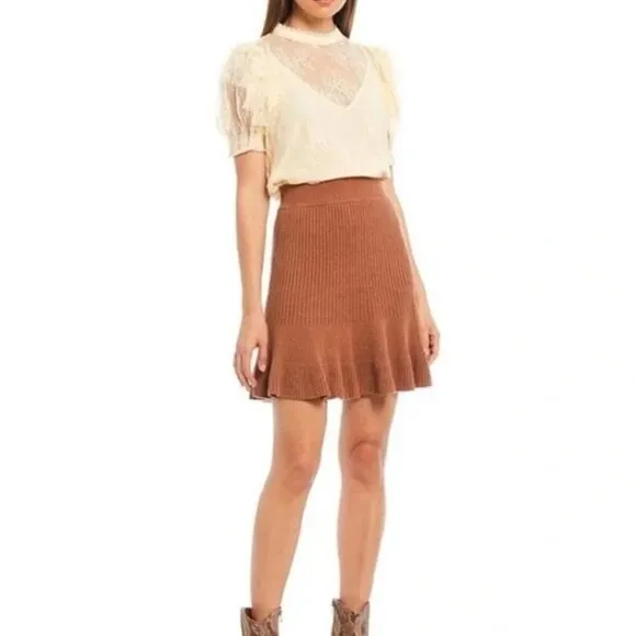NWT Free People Solid Gold Ribbed Mini Skirt in Cocoa Heather Size Small