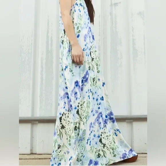 NWT Love Stitch Watercolor Floral Blue and Green Sleeveless Maxi Dress Size S/M