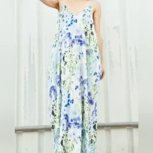 NWT Love Stitch Watercolor Floral Blue and Green Sleeveless Maxi Dress Size S/M