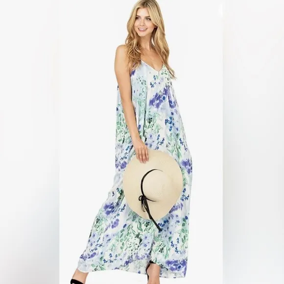 NWT Love Stitch Watercolor Floral Blue and Green Sleeveless Maxi Dress Size S/M