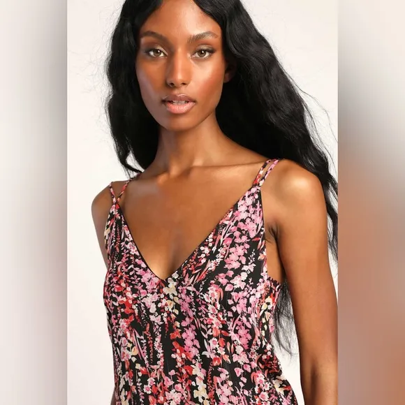 NWT Lulus Flora Belle Black Floral Sleeveless V-Neck Tie-Back Maxi Dress Large