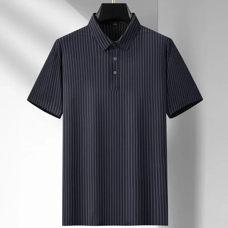Obsidian Phoenix Luxury Ice Silk Striped Polo Shirt - High-End Oversized Breathable Men’s Summer Shirt in Sizes Up to 8XL