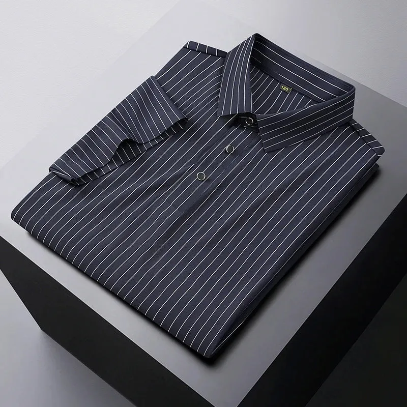 Obsidian Phoenix Luxury Ice Silk Striped Polo Shirt - High-End Oversized Breathable Men’s Summer Shirt in Sizes Up to 8XL
