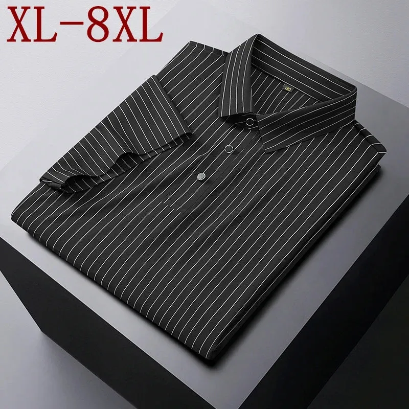 Obsidian Phoenix Luxury Ice Silk Striped Polo Shirt - High-End Oversized Breathable Men’s Summer Shirt in Sizes Up to 8XL