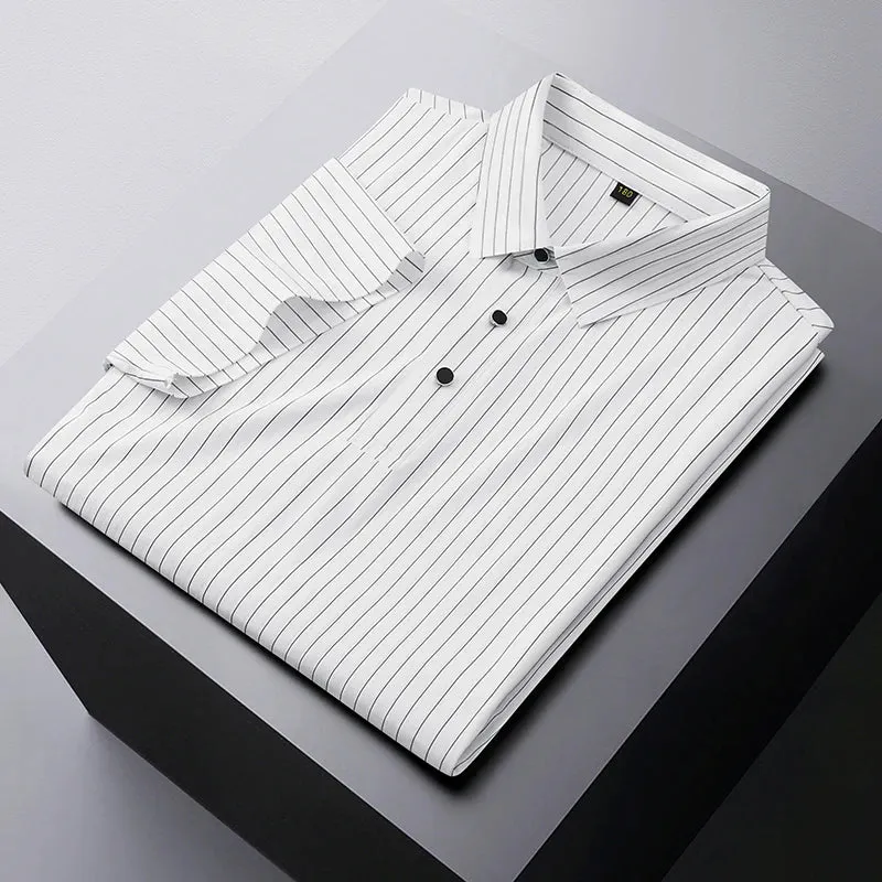 Obsidian Phoenix Luxury Ice Silk Striped Polo Shirt - High-End Oversized Breathable Men’s Summer Shirt in Sizes Up to 8XL