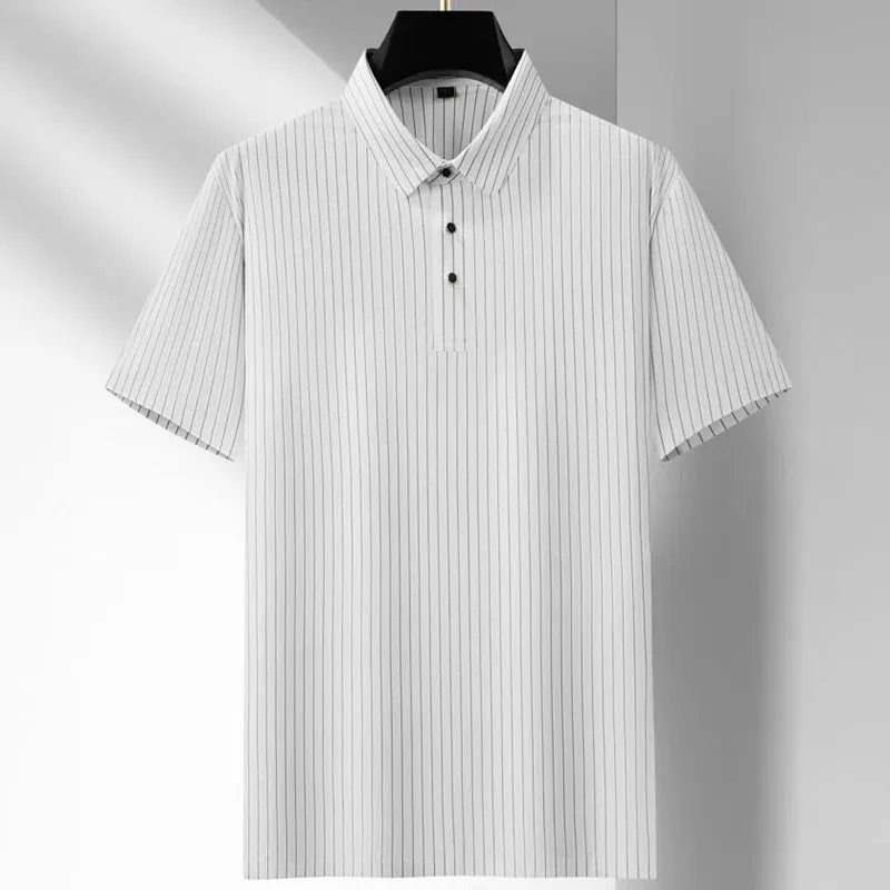 Obsidian Phoenix Luxury Ice Silk Striped Polo Shirt - High-End Oversized Breathable Men’s Summer Shirt in Sizes Up to 8XL