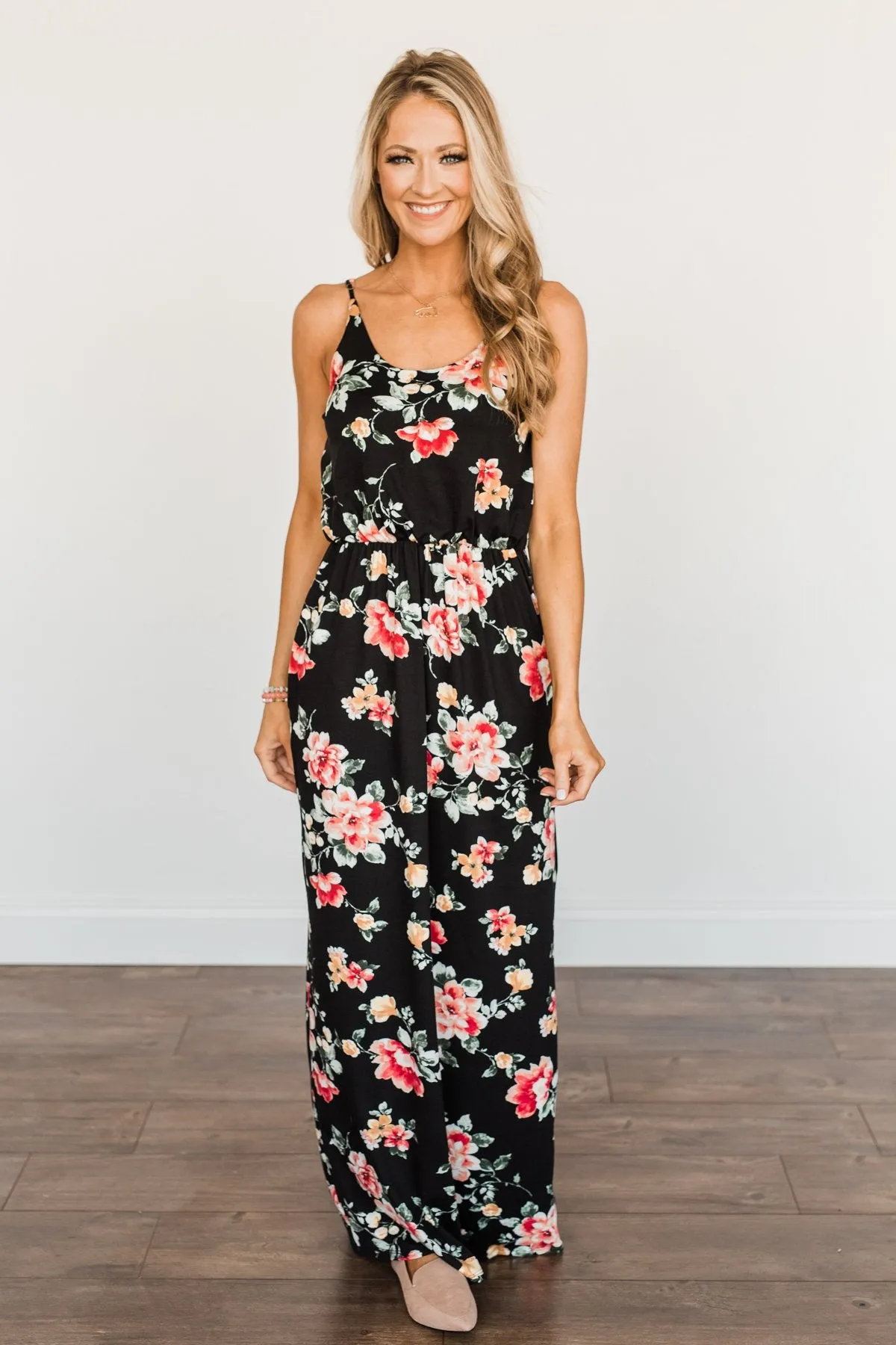 Off To The Tropics Floral Maxi Dress- Black