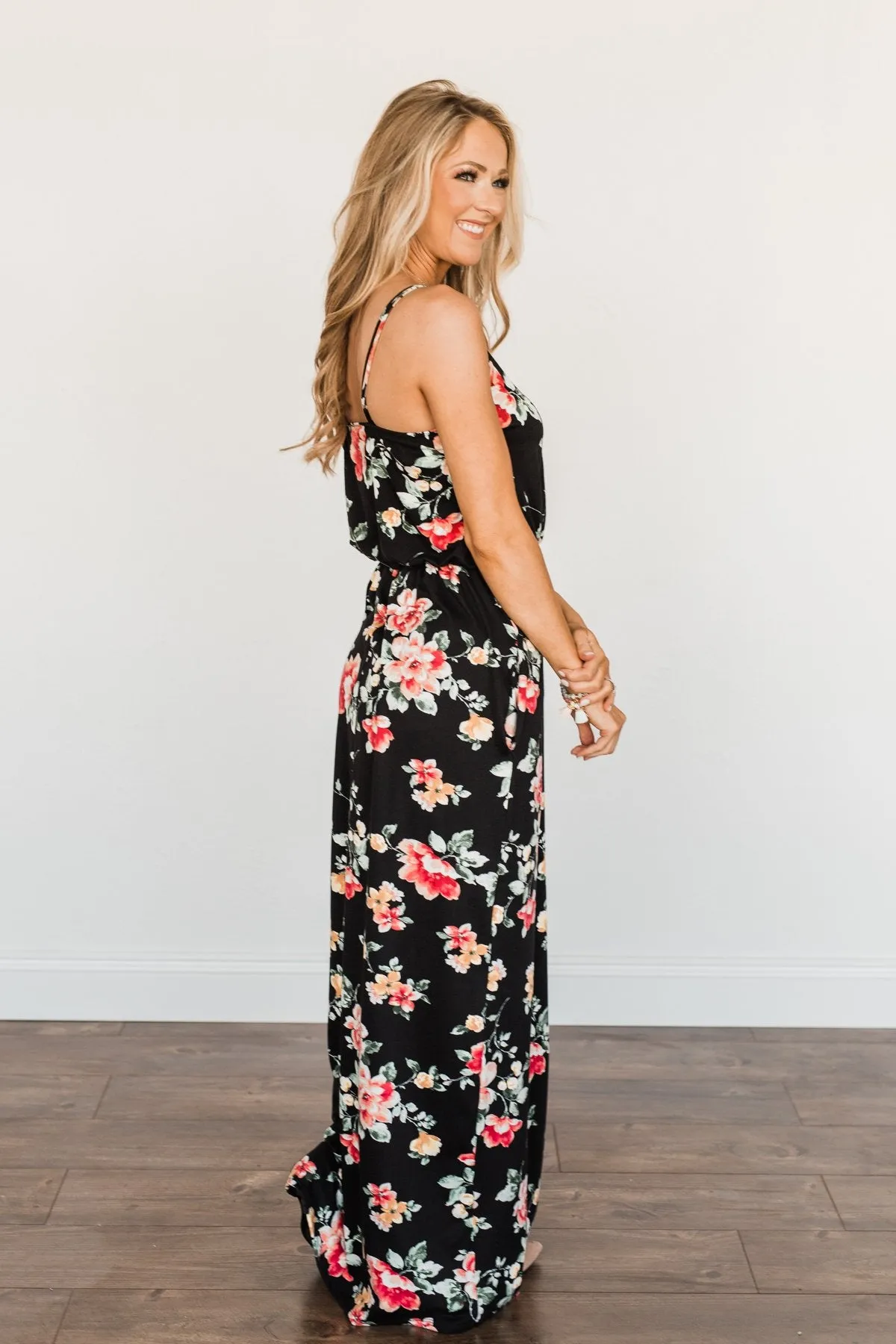 Off To The Tropics Floral Maxi Dress- Black