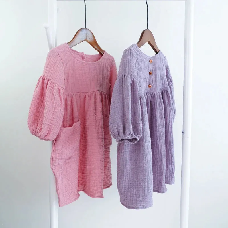 Organic Cotton Double Gauze Autumn Spring Girls Dress