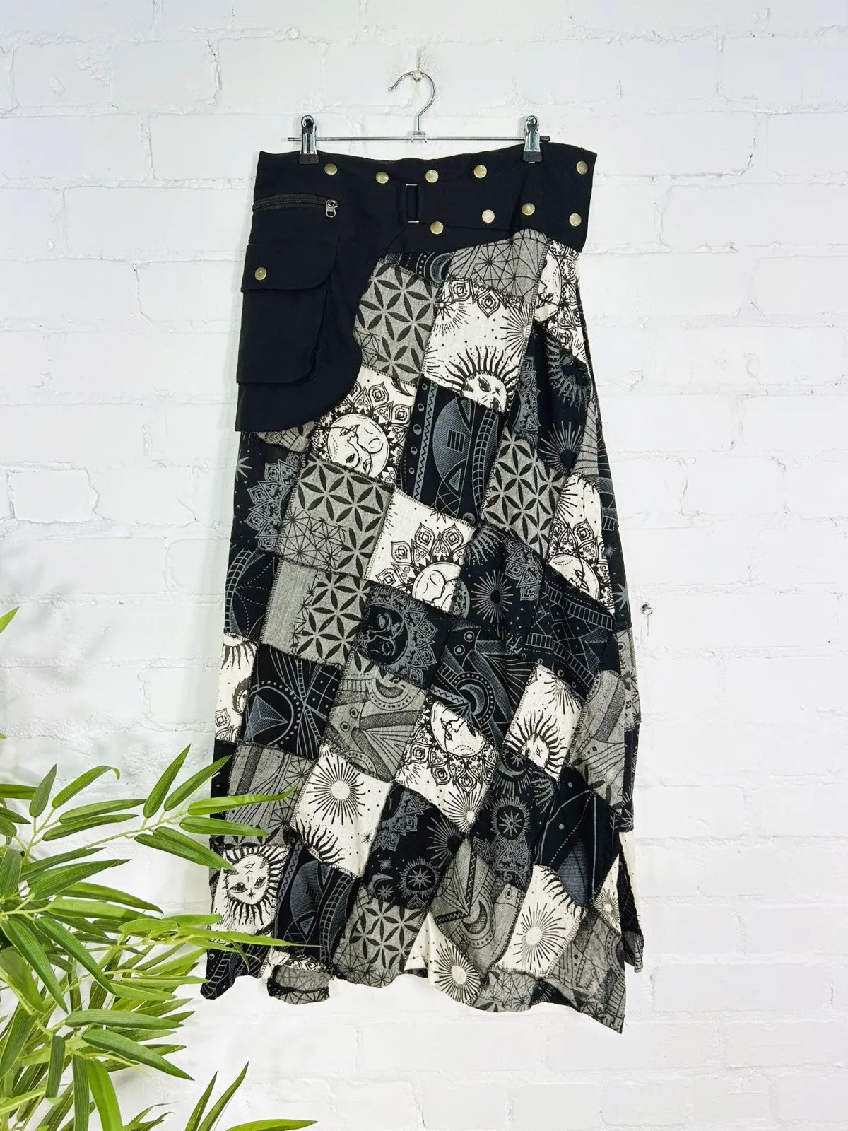 Patch & Screen Print Long Popper Skirt