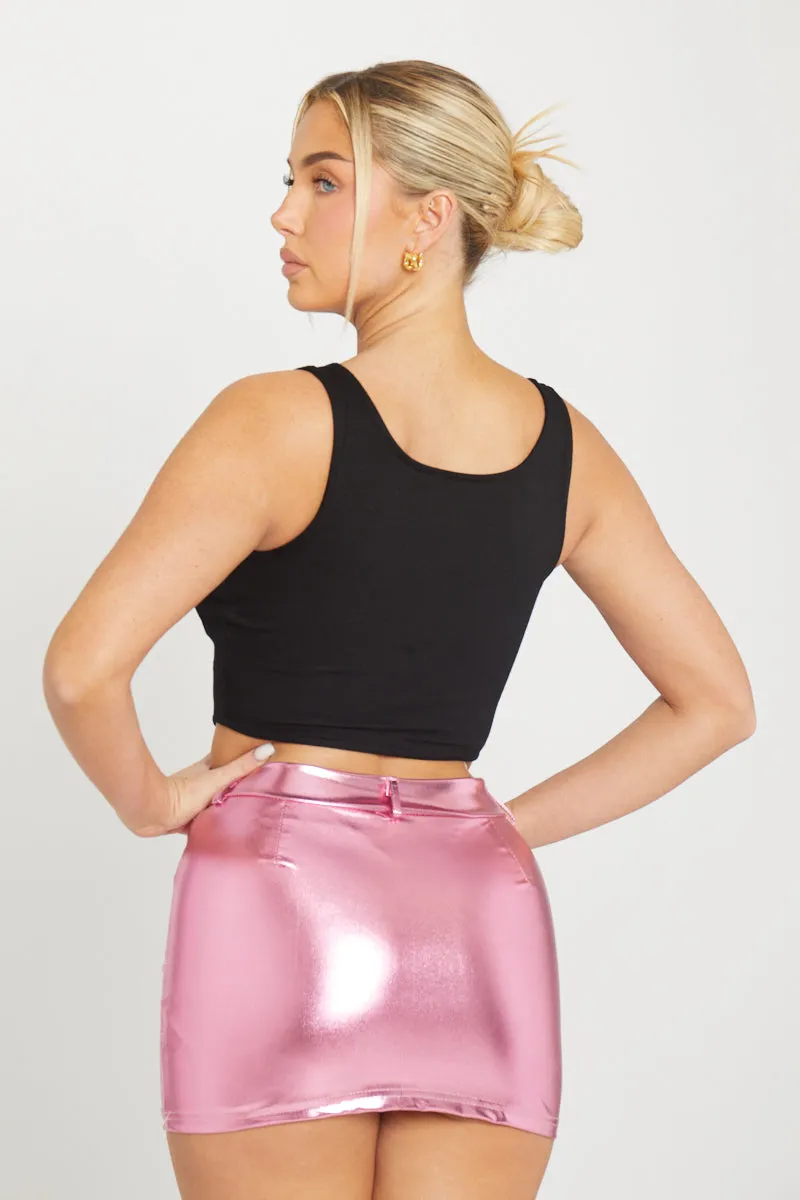 Pink Metallic High Waist Denim Mini Skirt