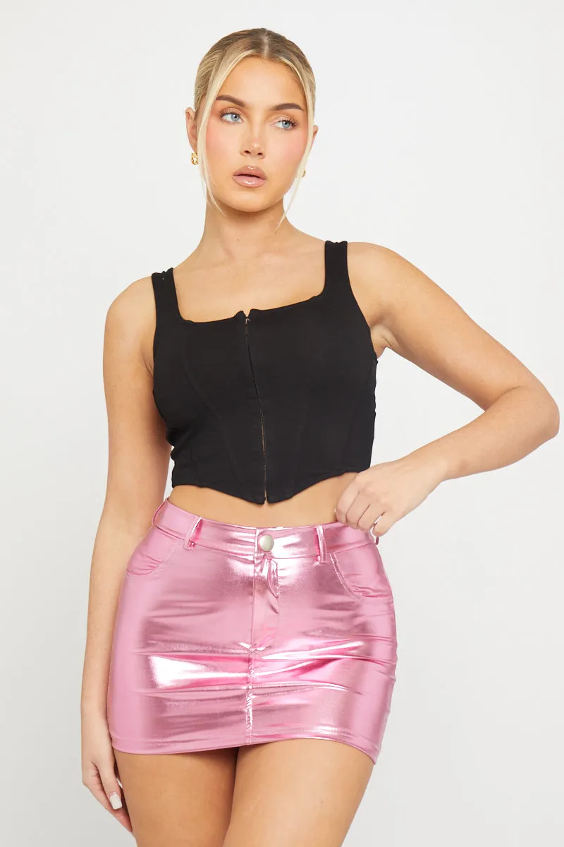 Pink Metallic High Waist Denim Mini Skirt