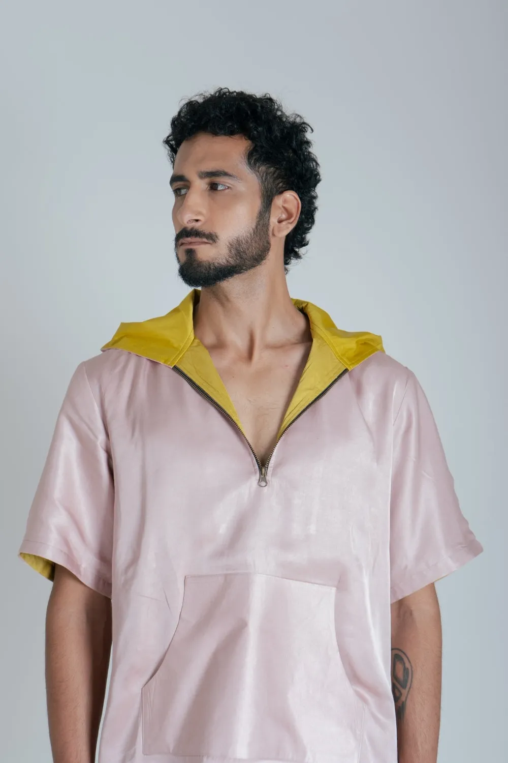 Pink-Yellow Color-Block Hoodie