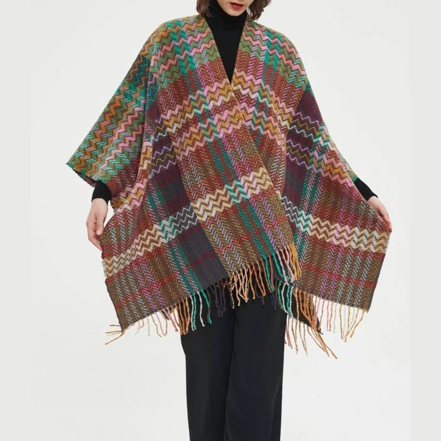 Plaid Ruana Multi-Colored Kimono shawl With Tassel Detail