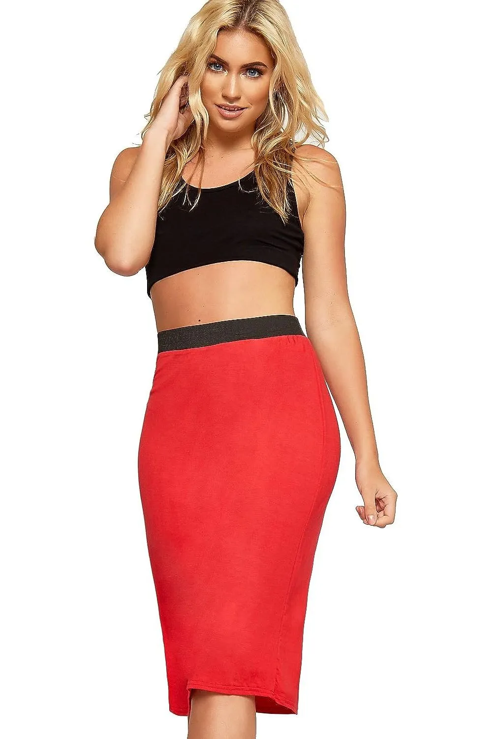 Plain Stretch Pencil Midi Skirt