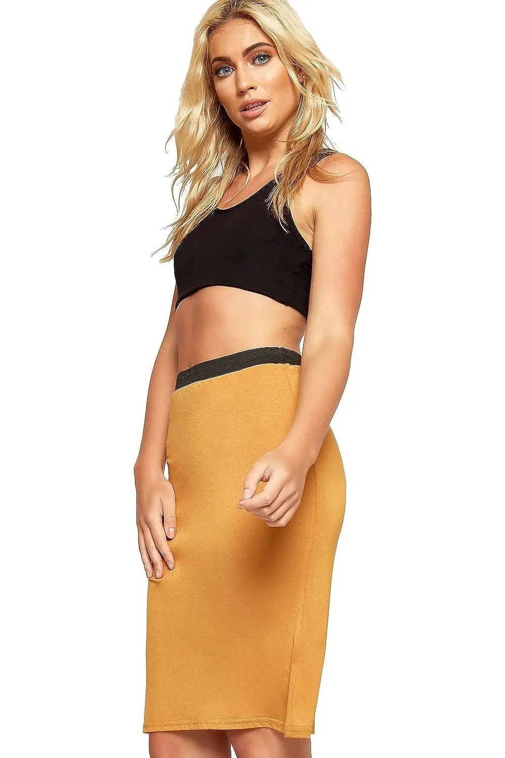 Plain Stretch Pencil Midi Skirt