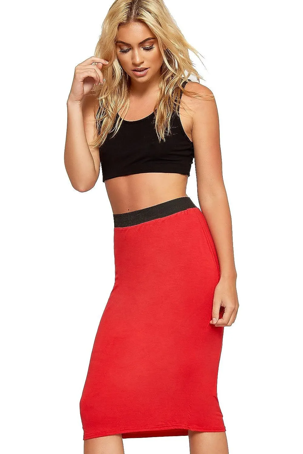 Plain Stretch Pencil Midi Skirt
