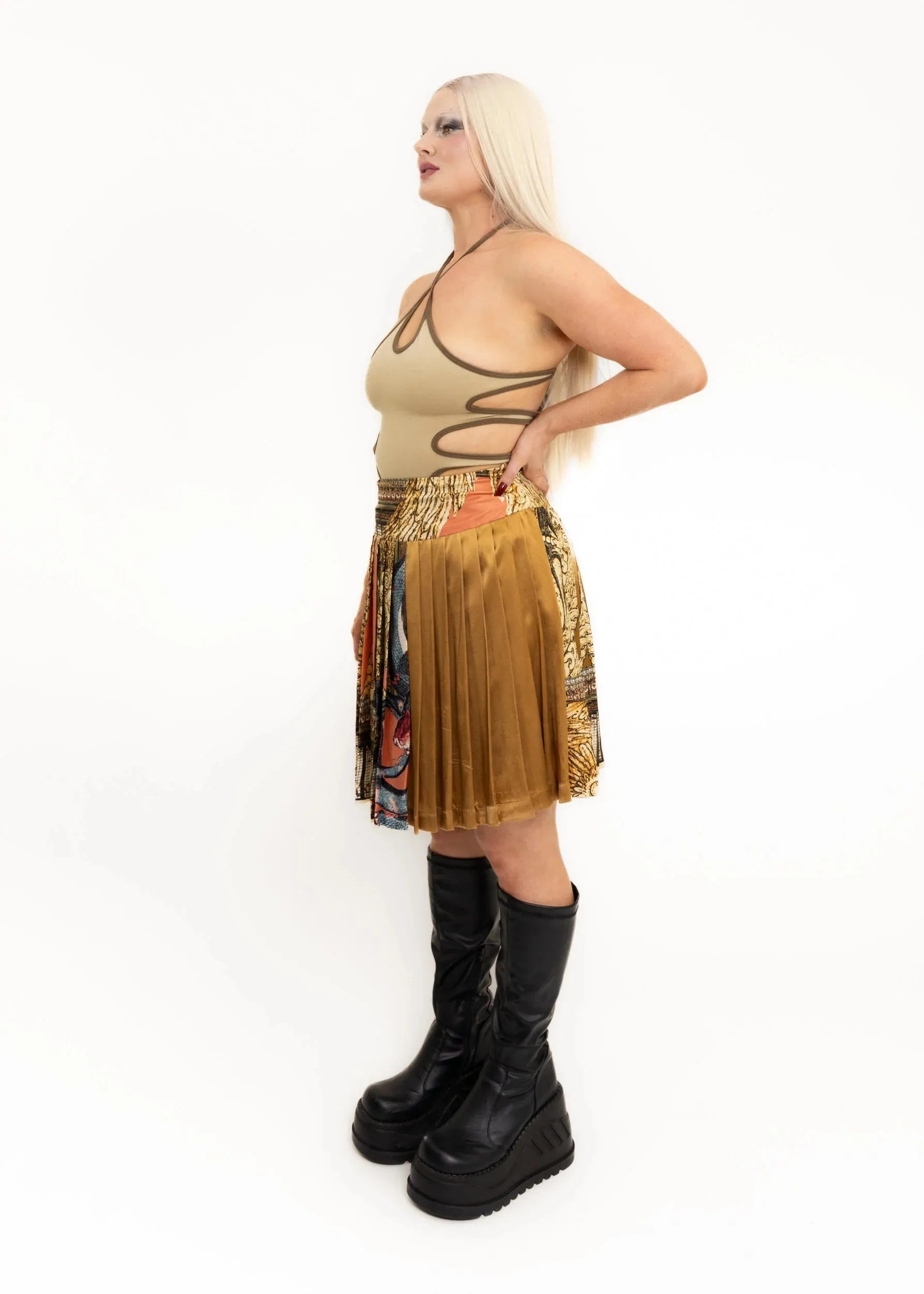 Pleated baroque print silk skirt