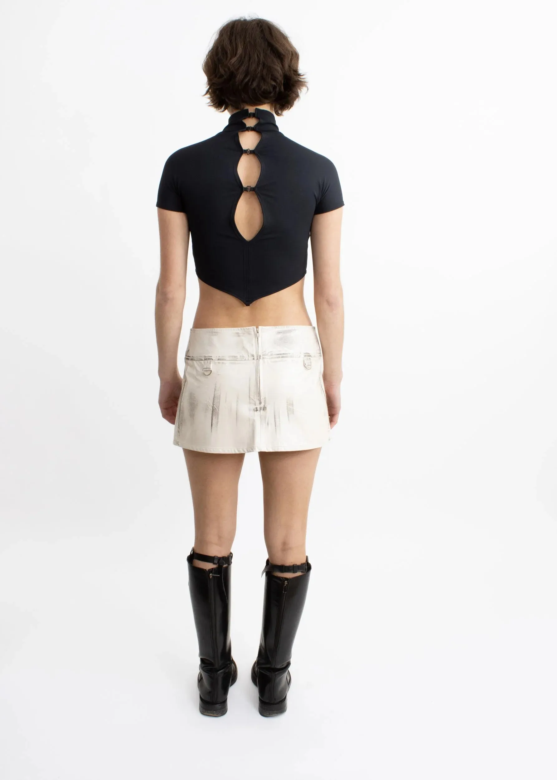 Pleated distressed faux leather mini skirt