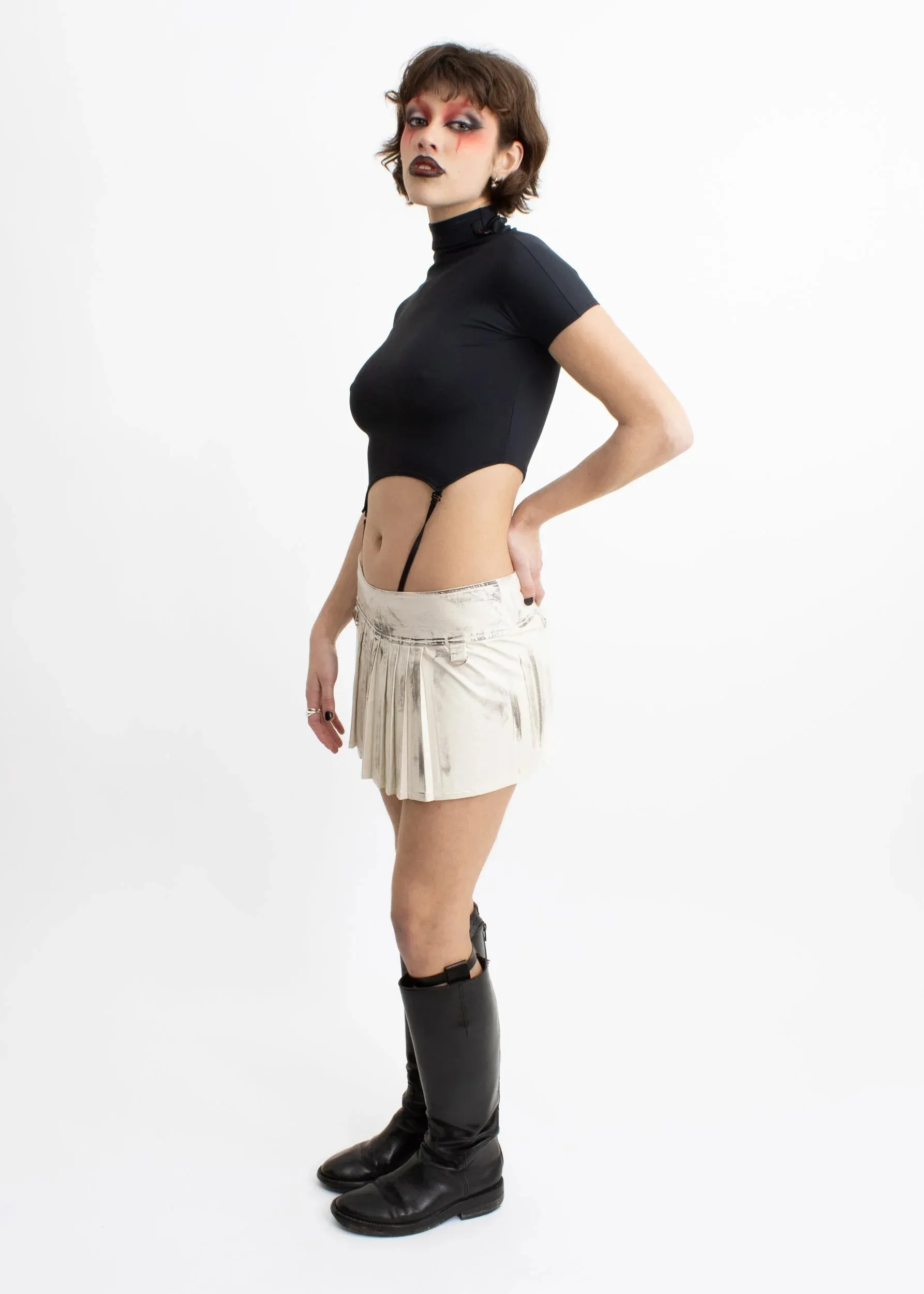 Pleated distressed faux leather mini skirt