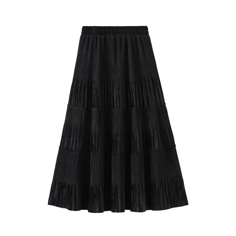Pleated High-Waisted Knee-Length Velvet Skirt