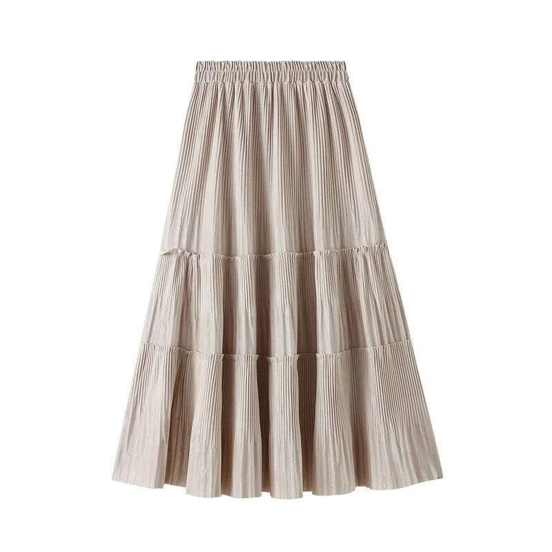 Pleated High-Waisted Knee-Length Velvet Skirt