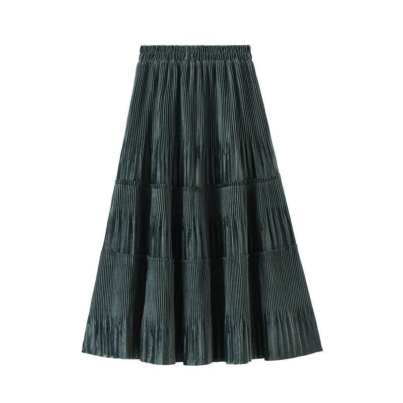 Pleated High-Waisted Knee-Length Velvet Skirt