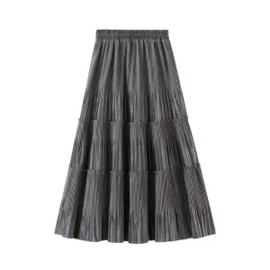 Pleated High-Waisted Knee-Length Velvet Skirt