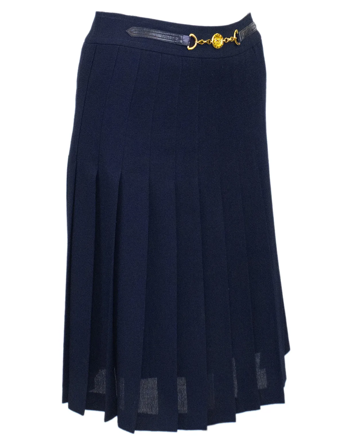 Pleated Navy Blue Wool Gabardine Skirt with Gold Belt