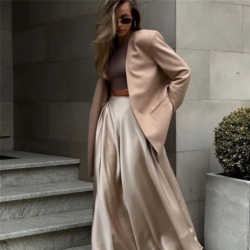 Pleated Satin High-Waisted Midi Skirt